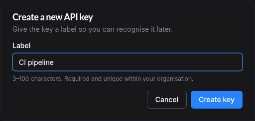 New-key dialog with the required Label input filled in and the 3-100 characters helper text below