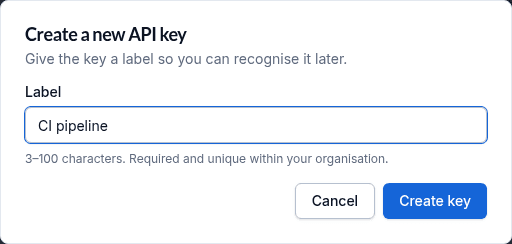 New-key dialog with the required Label input filled in and the 3-100 characters helper text below
