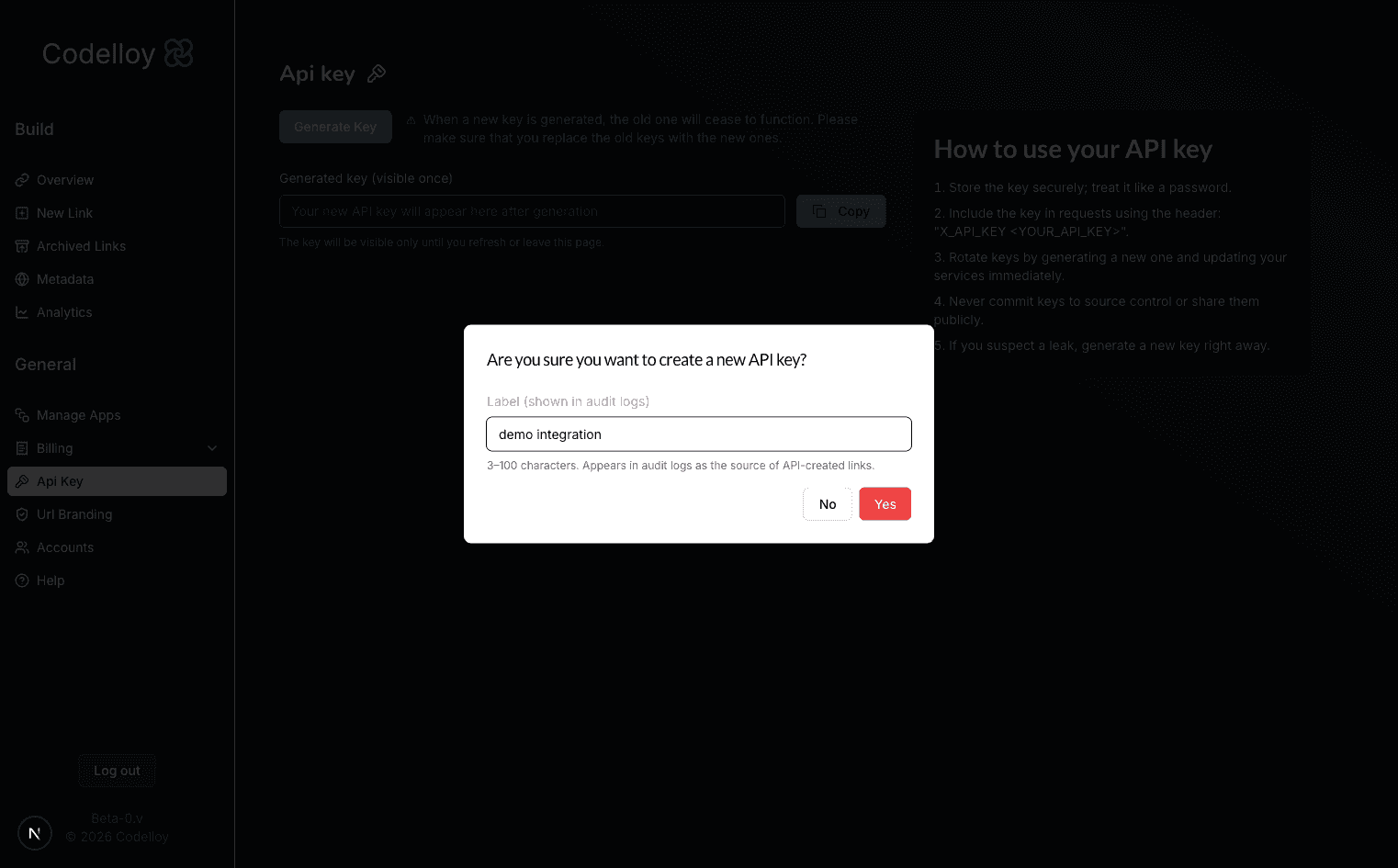Generate confirm dialog with the Label input filled in and the 3-100 characters helper text below