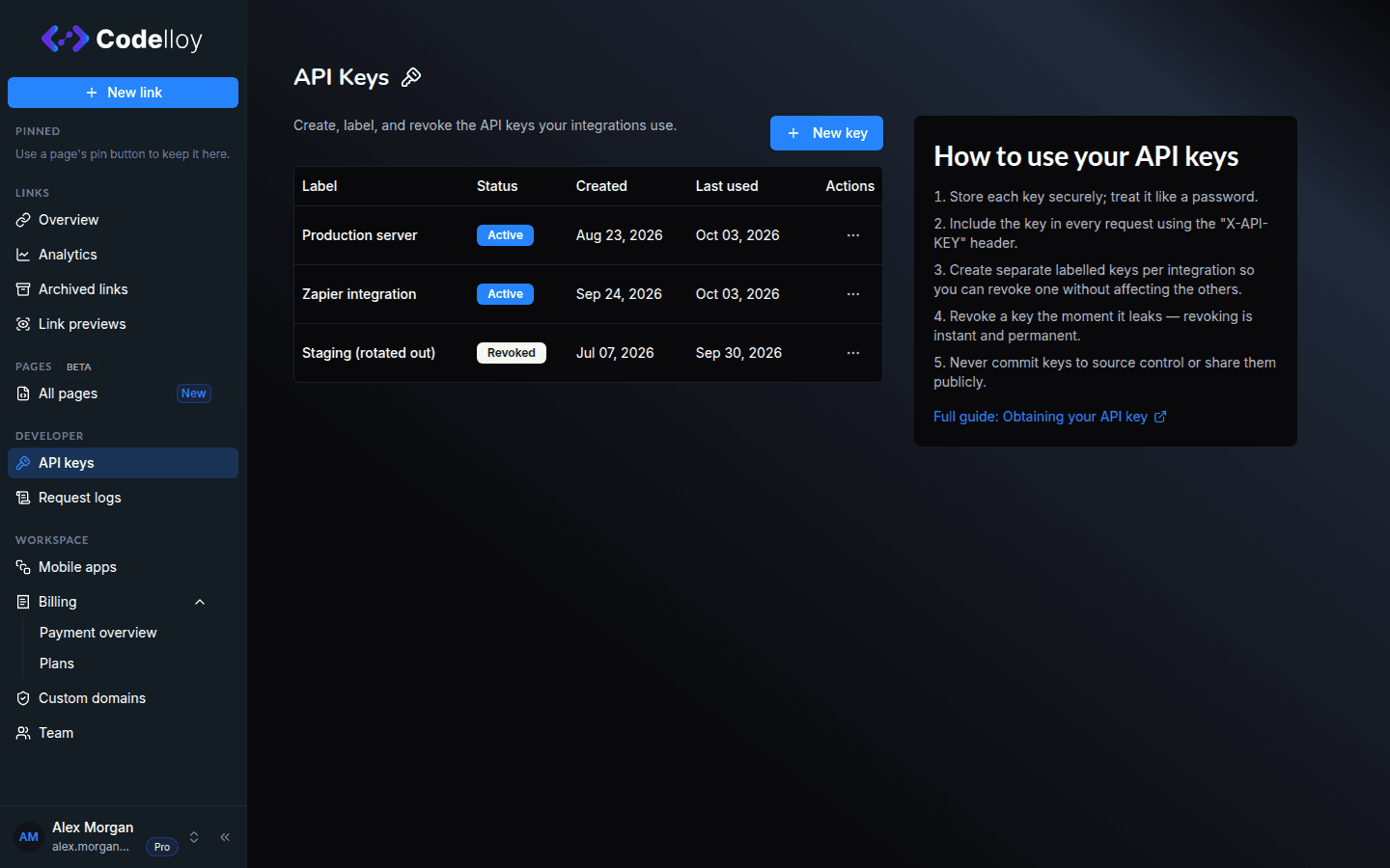 API keys page showing the list of keys with Active and Revoked status badges and per-row actions