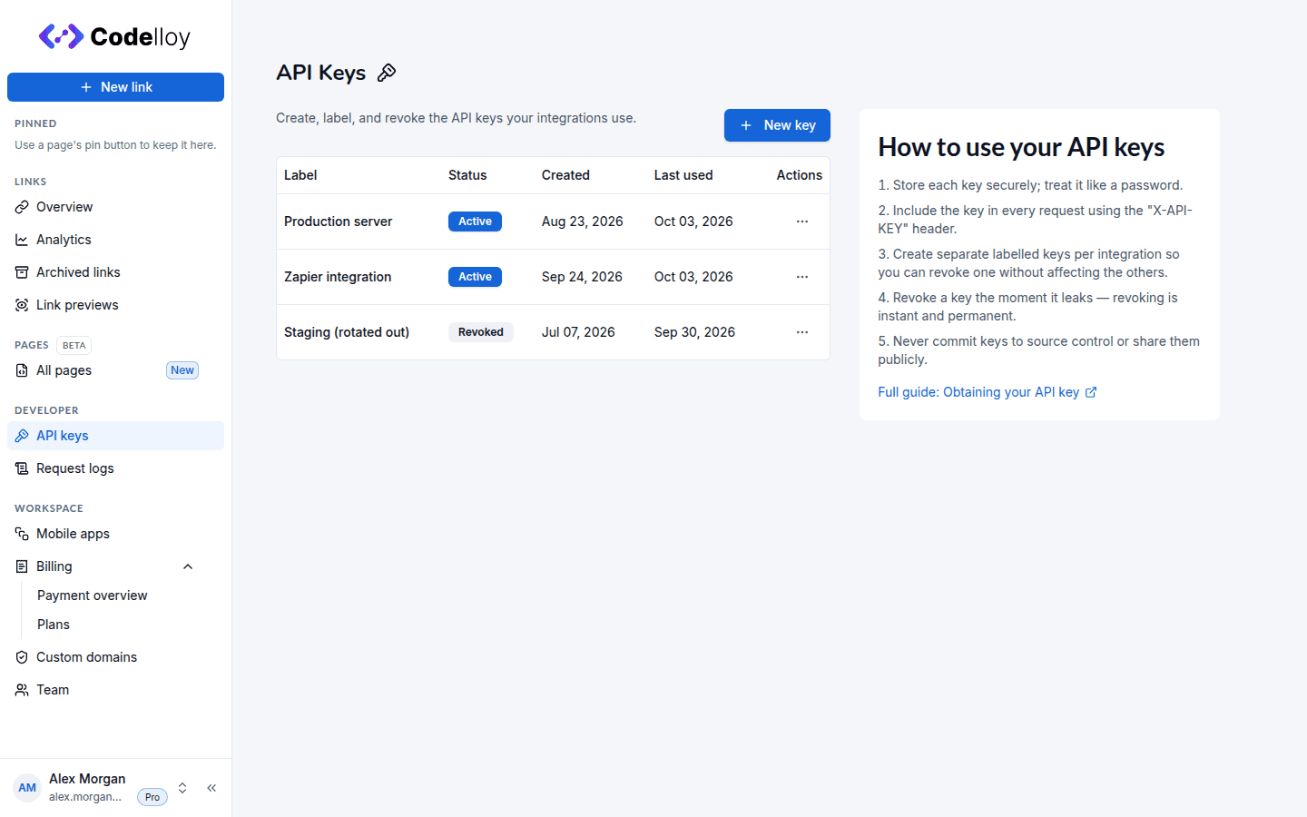 API keys page showing the list of keys with Active and Revoked status badges and per-row actions