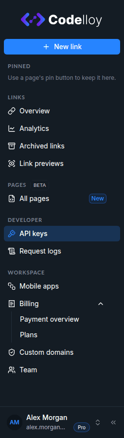 Dashboard sidebar with API keys selected in the Developer section
