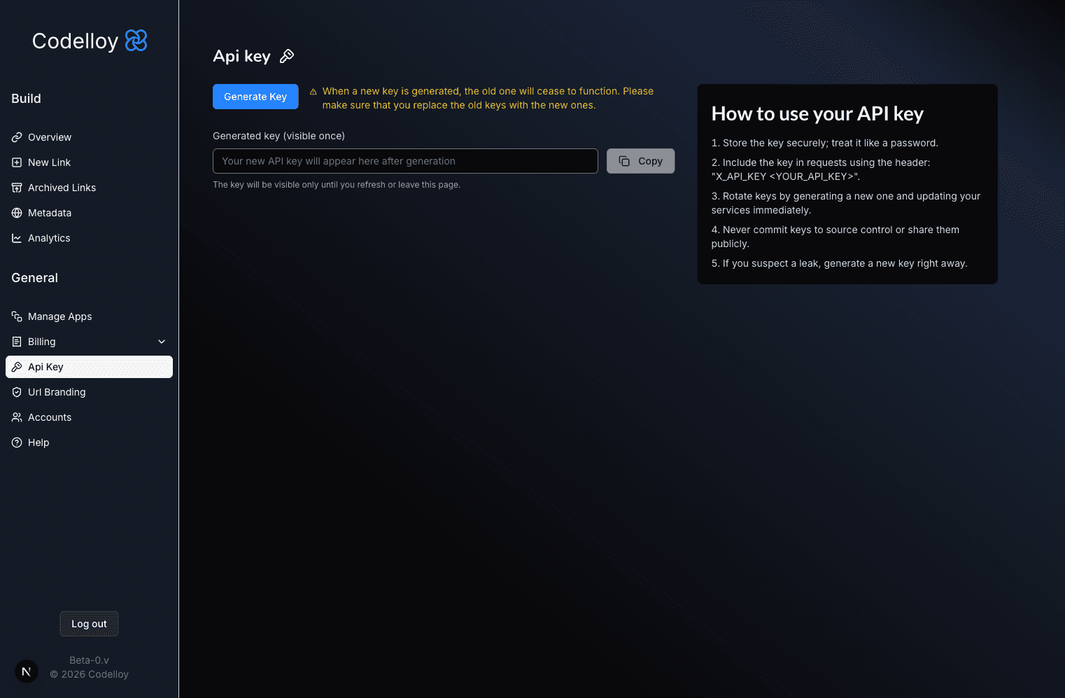Dashboard sidebar with the API Key entry highlighted under the General section