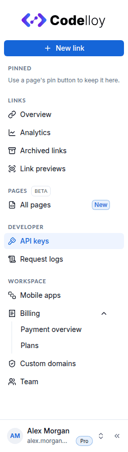 Dashboard sidebar with API keys selected in the Developer section
