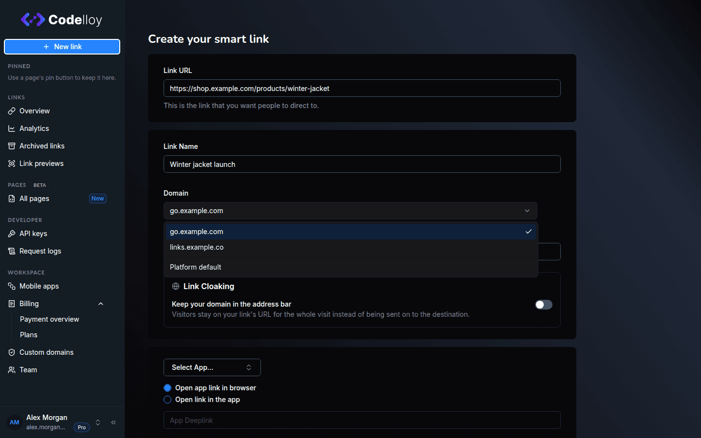 The link form's Domain selector, open, showing your active custom domains and a Platform default option, with the primary domain selected