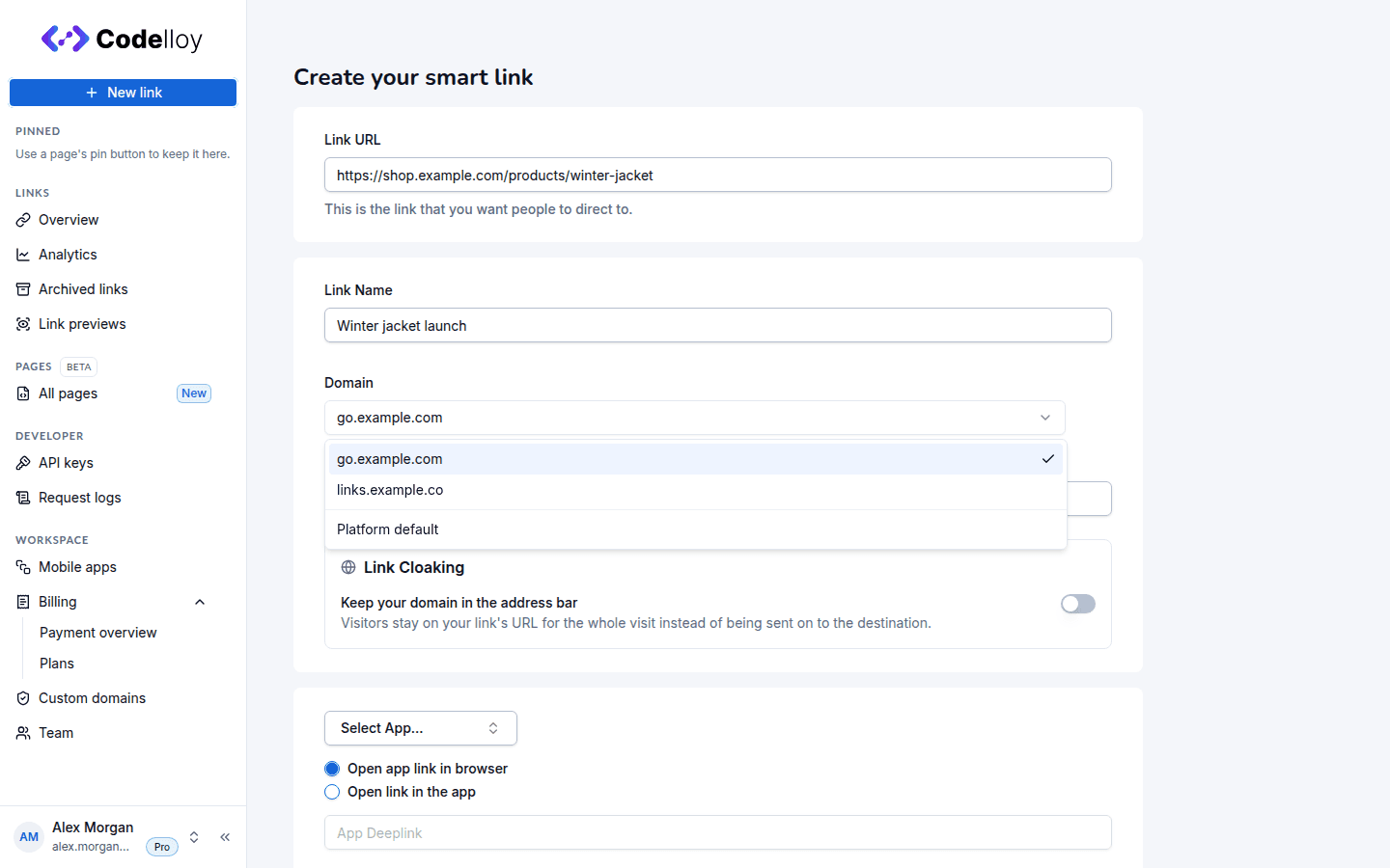 The link form's Domain selector, open, showing your active custom domains and a Platform default option, with the primary domain selected