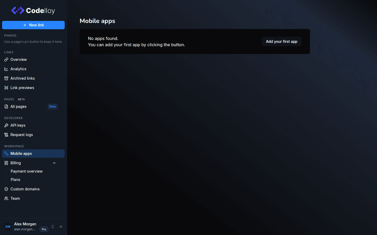 Mobile apps page with no apps yet and the Add your first app button