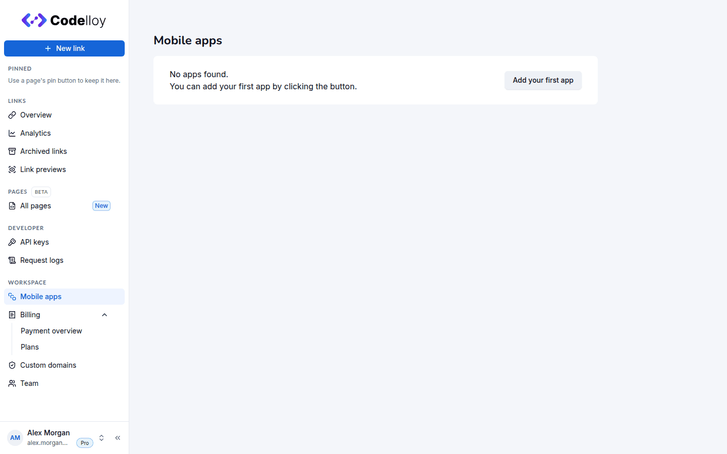 Mobile apps page with no apps yet and the Add your first app button