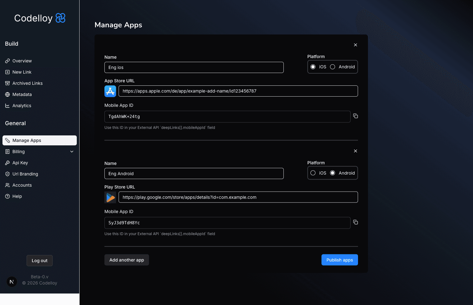 Manage Apps page showing the app list and the "Add another app" button