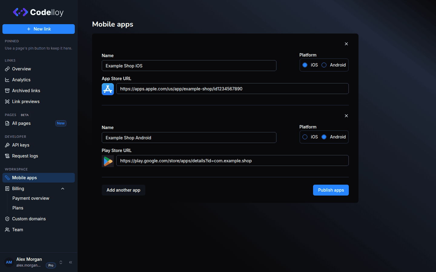 Mobile apps form with iOS and Android entries filled in: Name, Platform radio, and App / Play Store URL