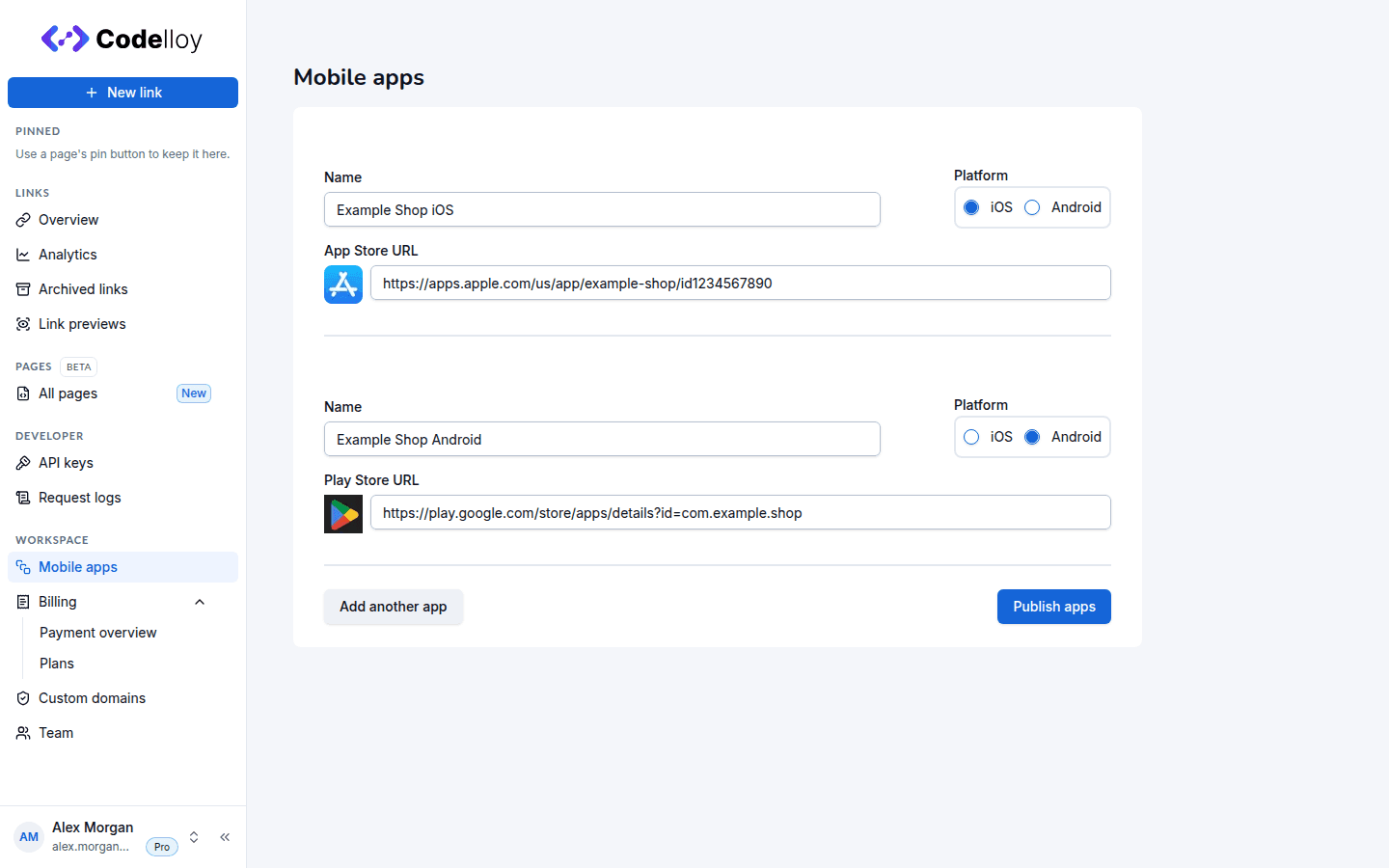Mobile apps form with iOS and Android entries filled in: Name, Platform radio, and App / Play Store URL