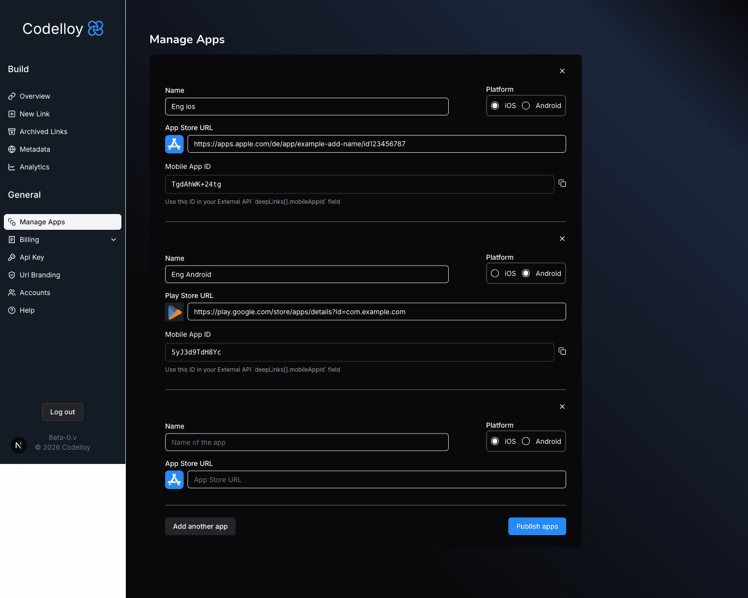 Manage Apps form with iOS and Android entries filled in: Name, Platform radio, and App / Play Store URL