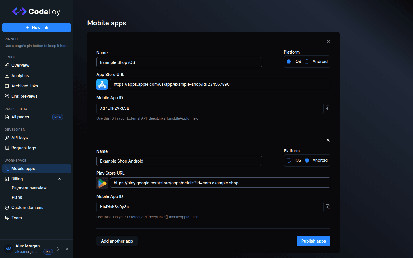 Saved app row showing the Mobile App ID field below the Store URL with a copy button