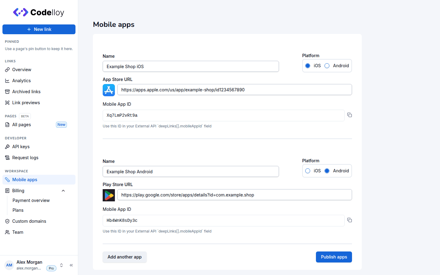 Saved app row showing the Mobile App ID field below the Store URL with a copy button