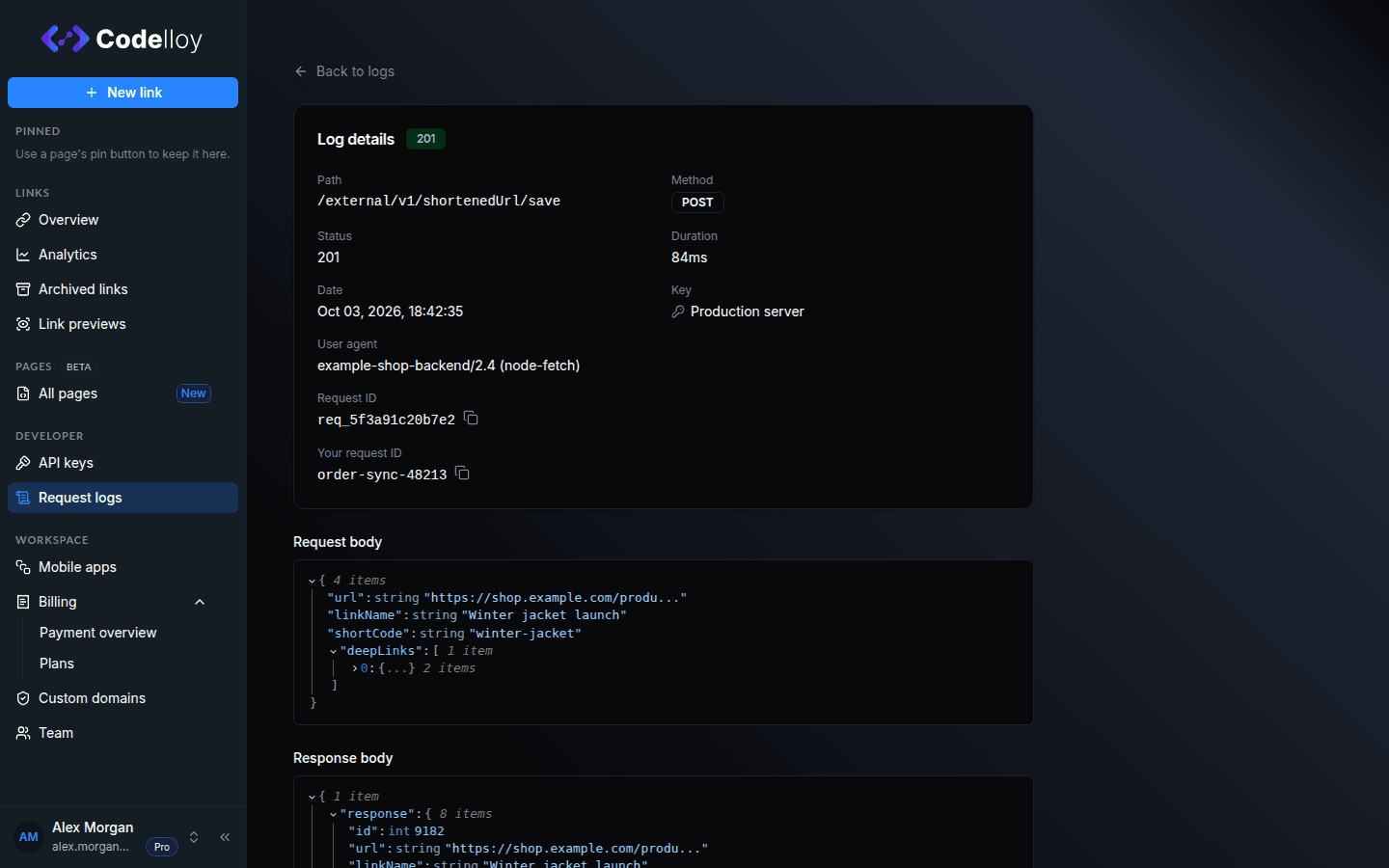 A request log entry's detail view: path, method, status, duration, key and request IDs, with the request and response bodies rendered as a JSON tree