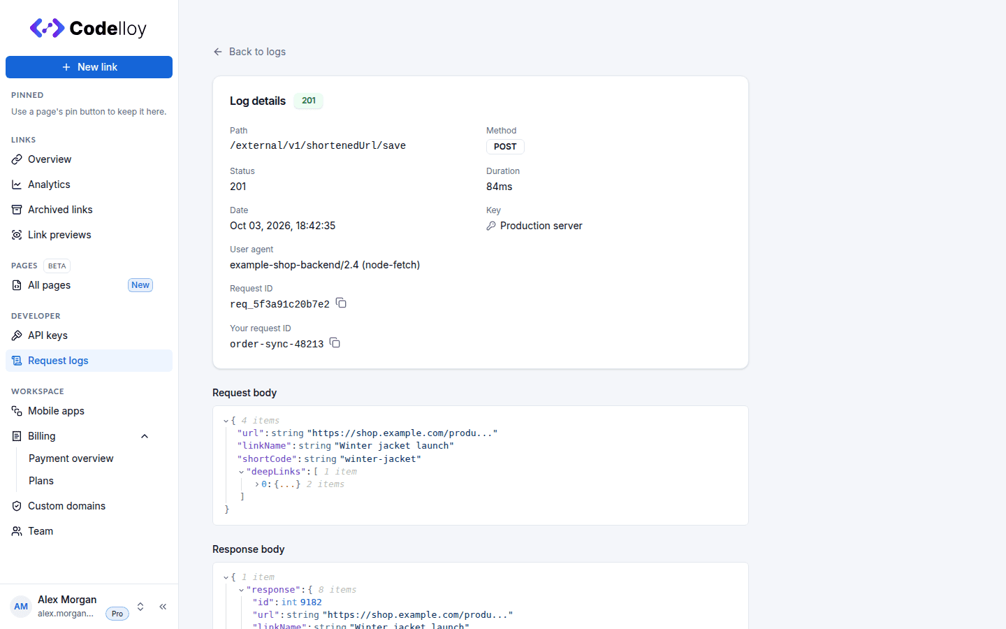A request log entry's detail view: path, method, status, duration, key and request IDs, with the request and response bodies rendered as a JSON tree