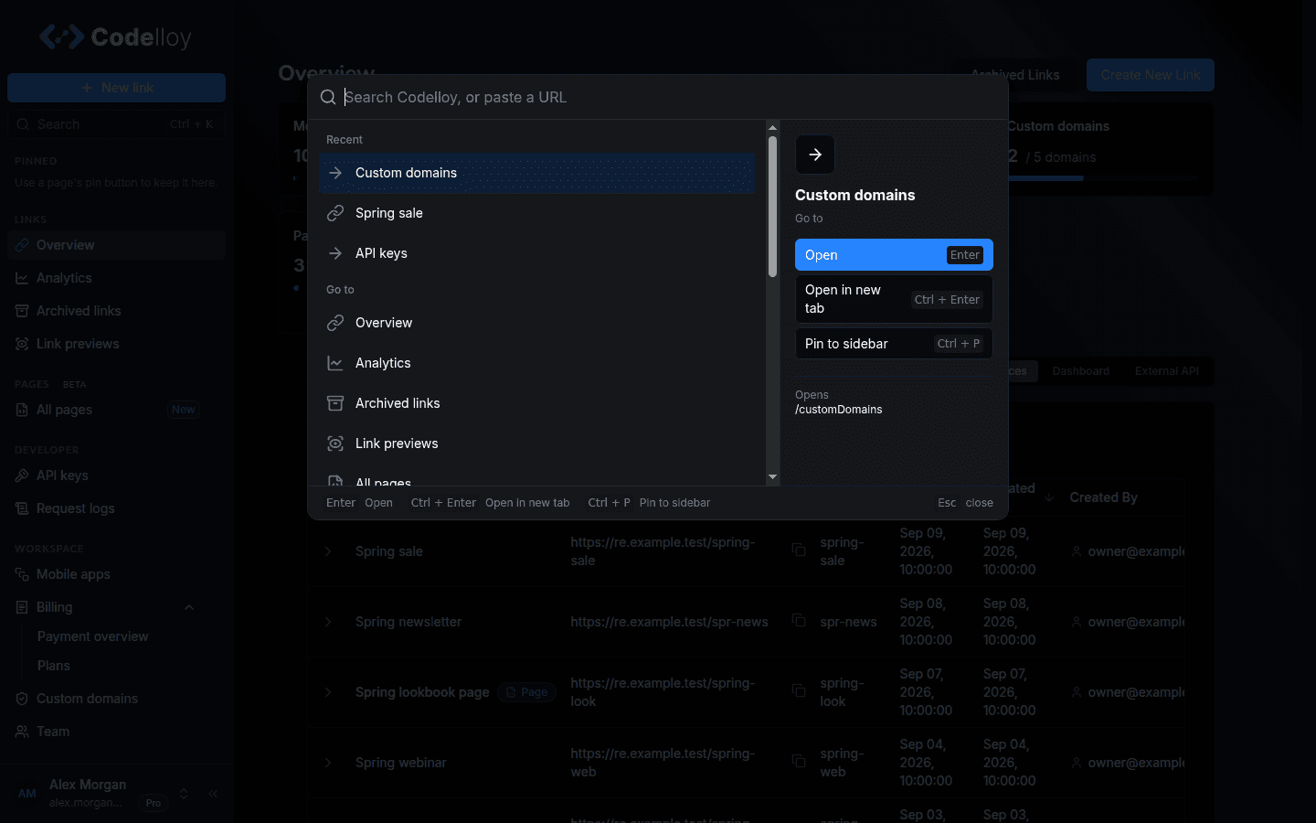 Search open before typing: Recent items, then Go to with every sidebar page, and a preview of the highlighted page with its actions