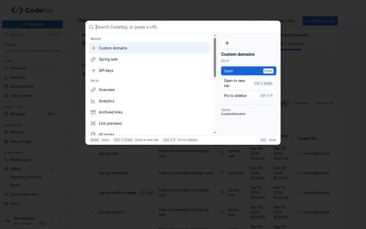 Search open before typing: Recent items, then Go to with every sidebar page, and a preview of the highlighted page with its actions