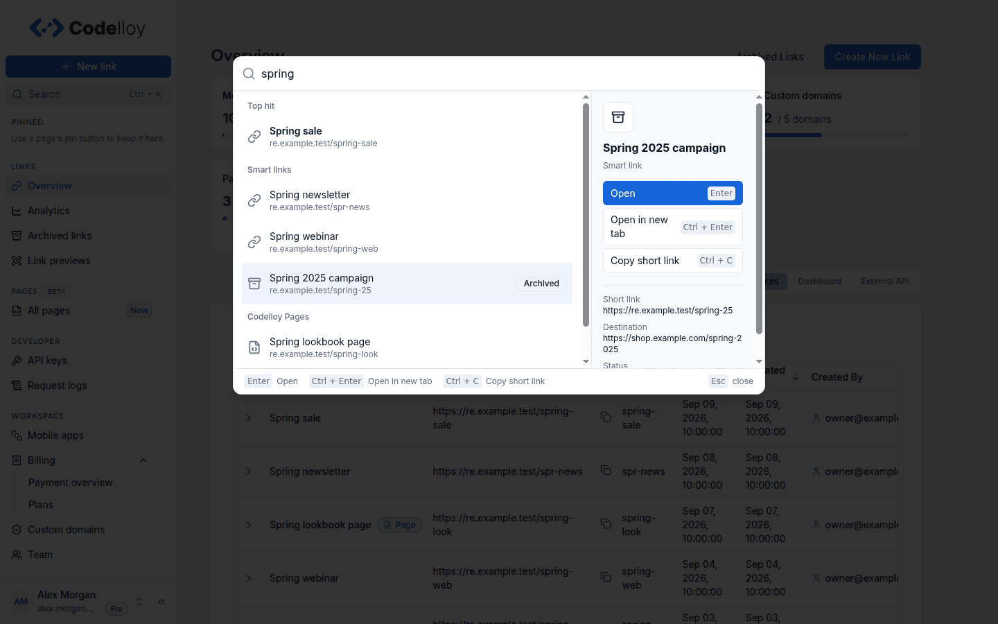 Search results for spring: a Top hit, smart links including one marked Archived, a Codelloy Page, and the preview of the highlighted archived link