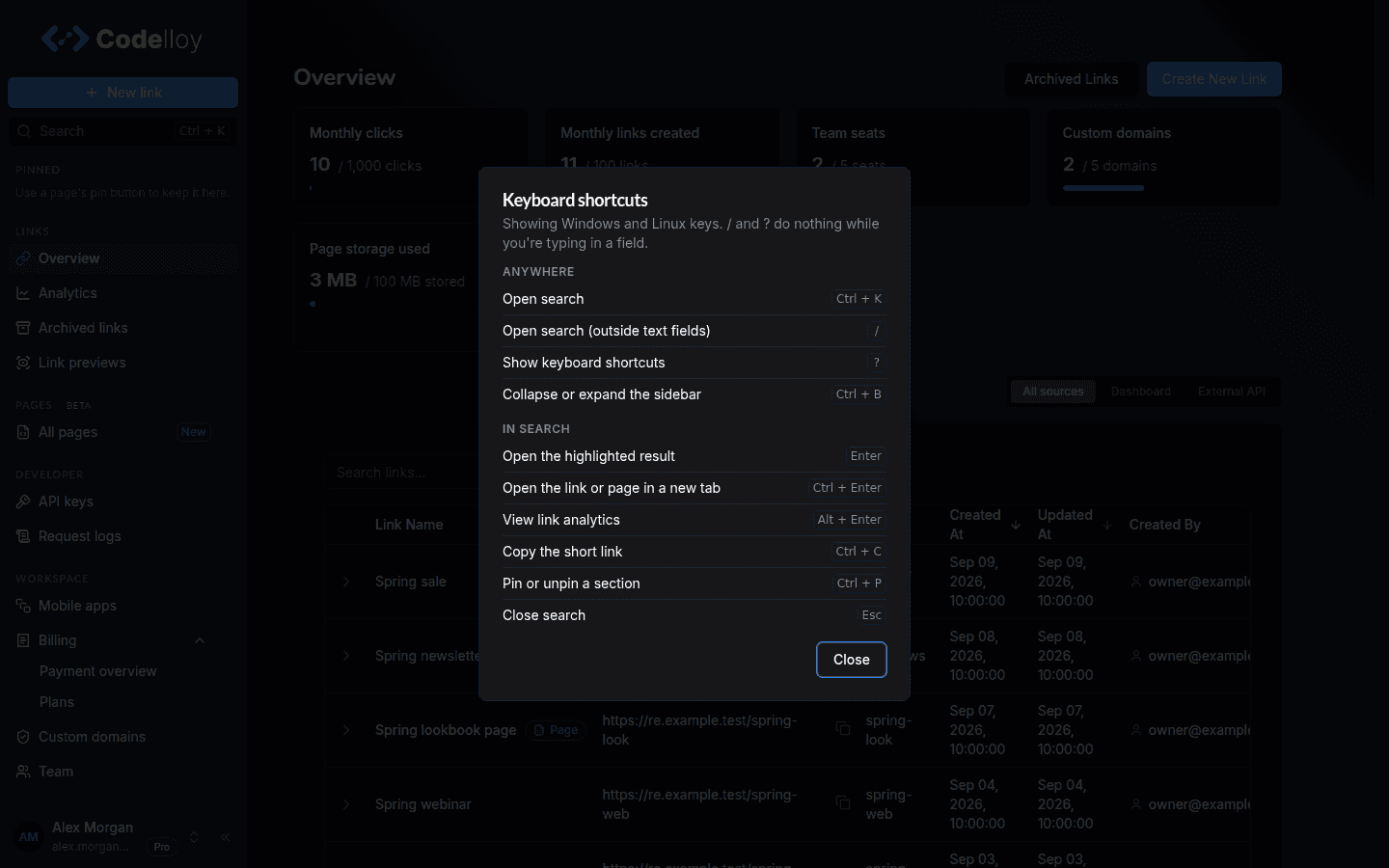 The Keyboard shortcuts dialog, grouped into Anywhere and In search, showing Windows and Linux keys