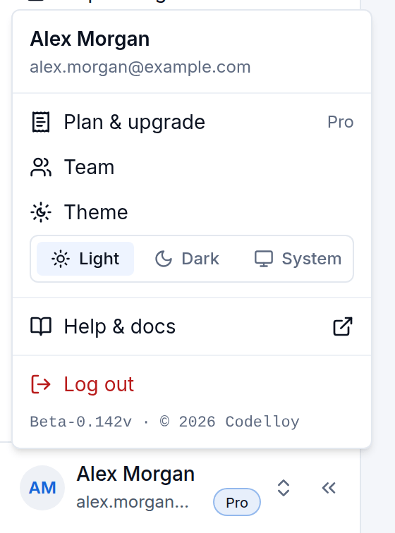 The account menu open from the account row: Plan & upgrade, Team, Theme, Help & docs, Log out, and the version line at the bottom