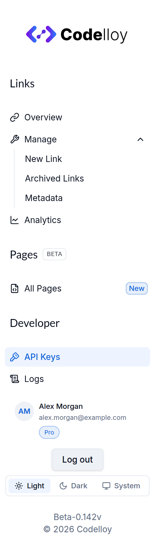 Before: the old sidebar, with large headings, a Manage accordion and a tall footer pushing the General section out of view