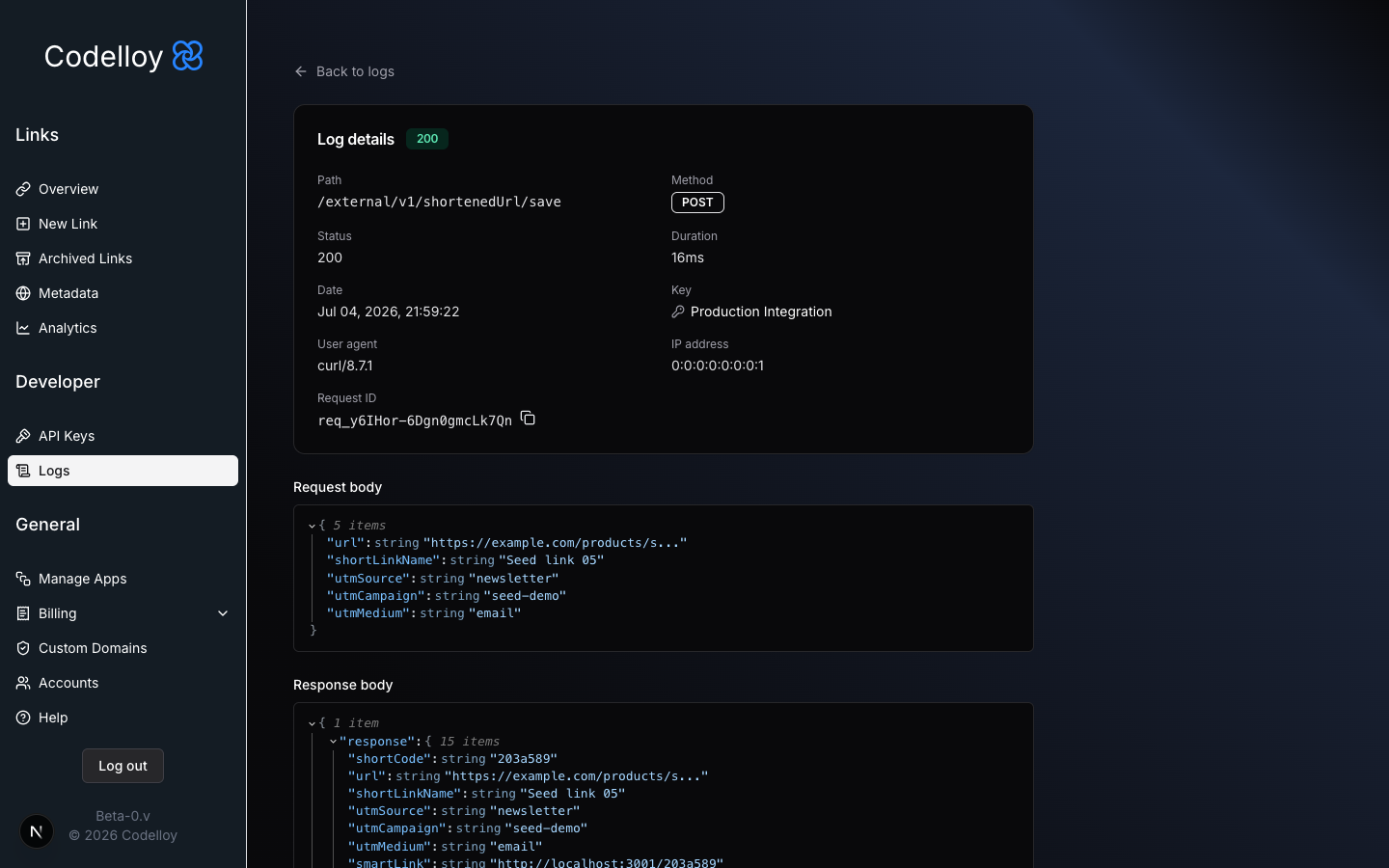 A single log's detail view, with request and response bodies rendered as a JSON tree.
