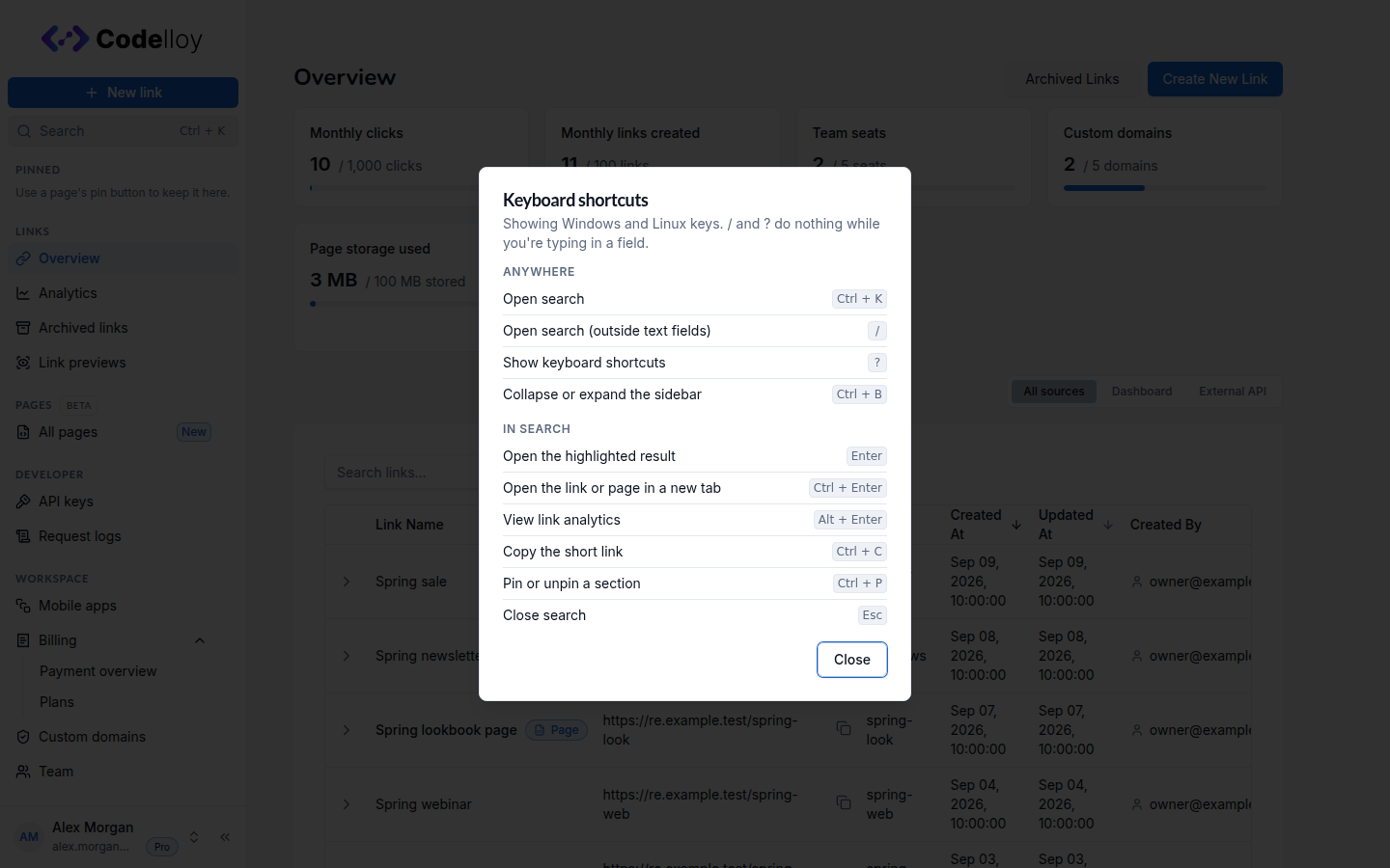 The Keyboard shortcuts dialog, grouped into Anywhere and In search